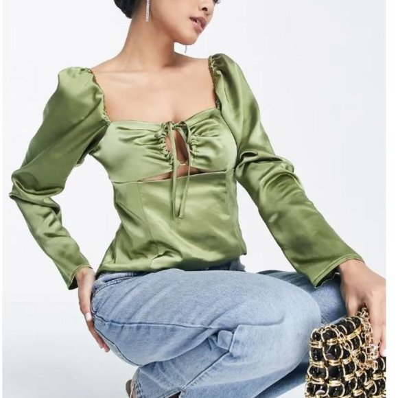 NWT Keyhole Green Olive Khaki Satin Top. - Picture 2 of 11